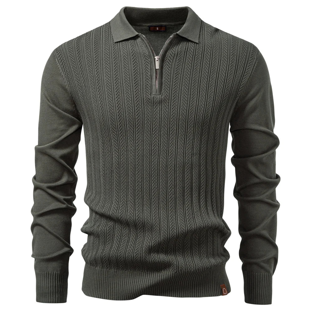 AIOPESON Premium Solid Color Polo Men Slim Fit Zip Long Sleeve Luxury Textured Fabric Business Casual Mens Sweatshirt