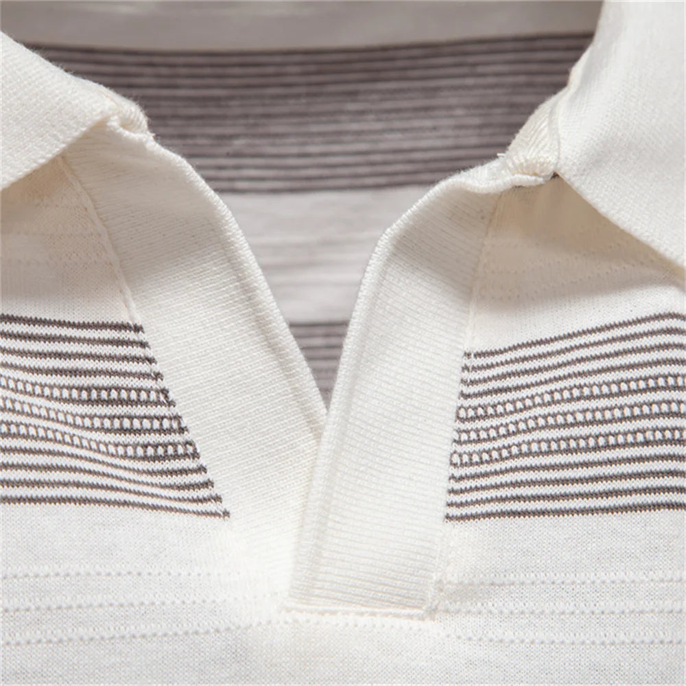 AIOPESON 2025 New Summer Striped V Neck Cotton Polo Shirts for Men Breathable Short Sleeve Casual Knit Shirts Comfort Fit