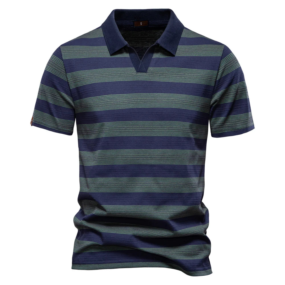 AIOPESON 2025 New Summer Striped V Neck Cotton Polo Shirts for Men Breathable Short Sleeve Casual Knit Shirts Comfort Fit