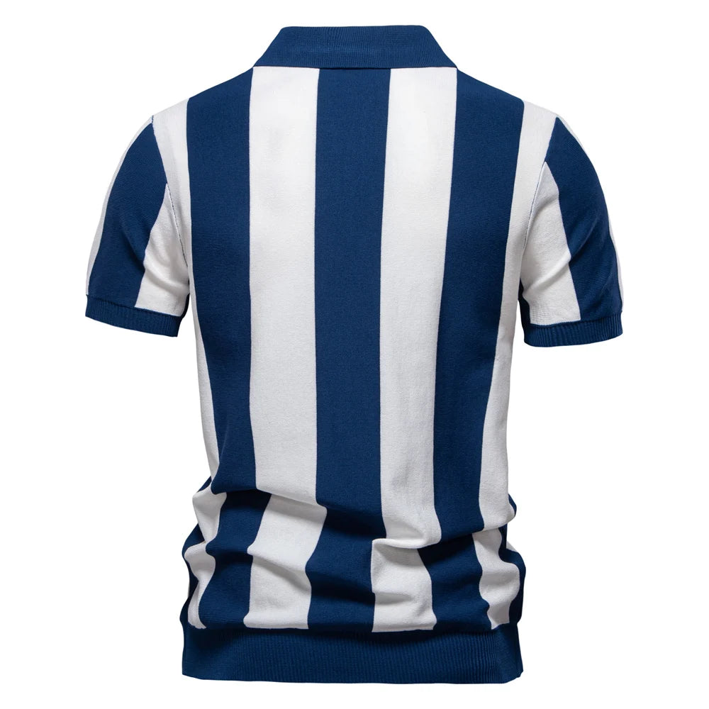 AIOPESON 2025 New Summer Men's Breathable Striped Contrast Panel Polo Shirt - Casual Short Sleeve Knit Shirt with Comfort Fit