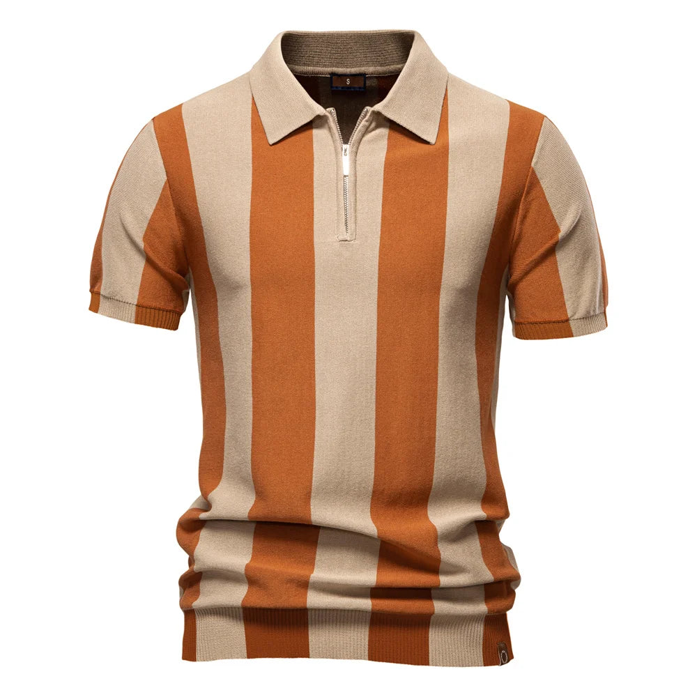 AIOPESON 2025 New Summer Men's Breathable Striped Contrast Panel Polo Shirt - Casual Short Sleeve Knit Shirt with Comfort Fit