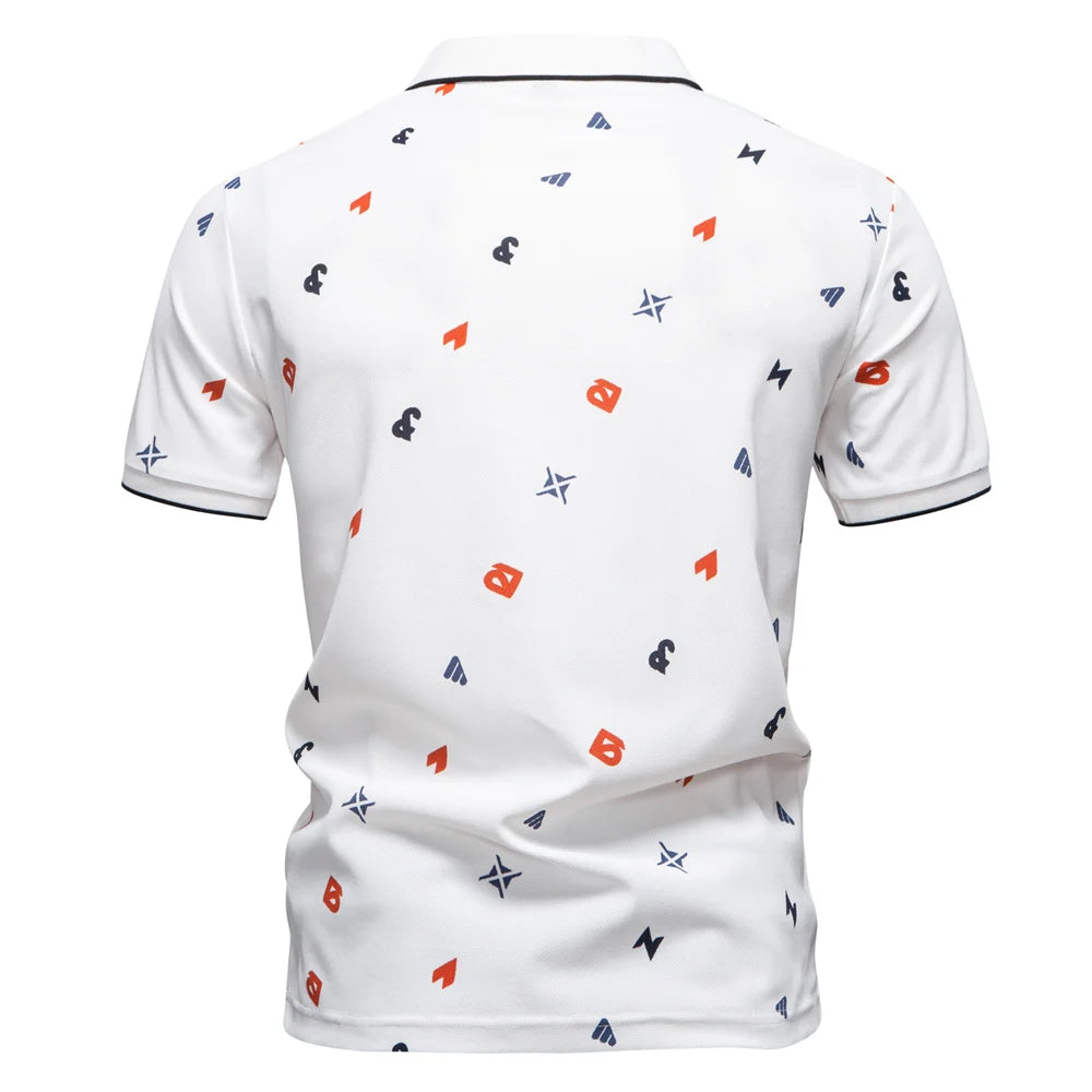 ‌Aiopeson 2025 Summer New Men's Solid Color Polo Shirt with Printed Turn-Down Collar Casual Slim Fit Breathable Comfortable Top‌
