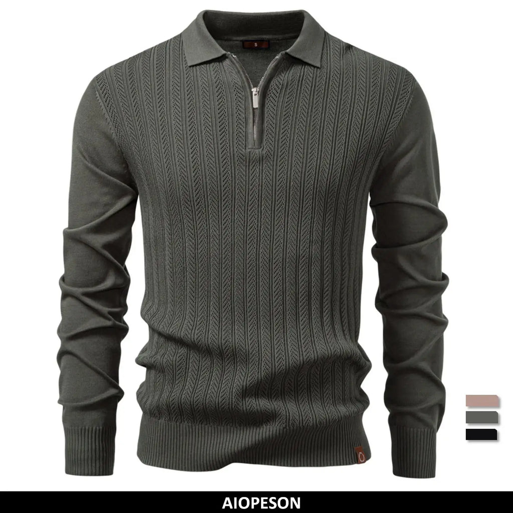 AIOPESON Premium Solid Color Polo Men Slim Fit Zip Long Sleeve Luxury Textured Fabric Business Casual Mens Sweatshirt