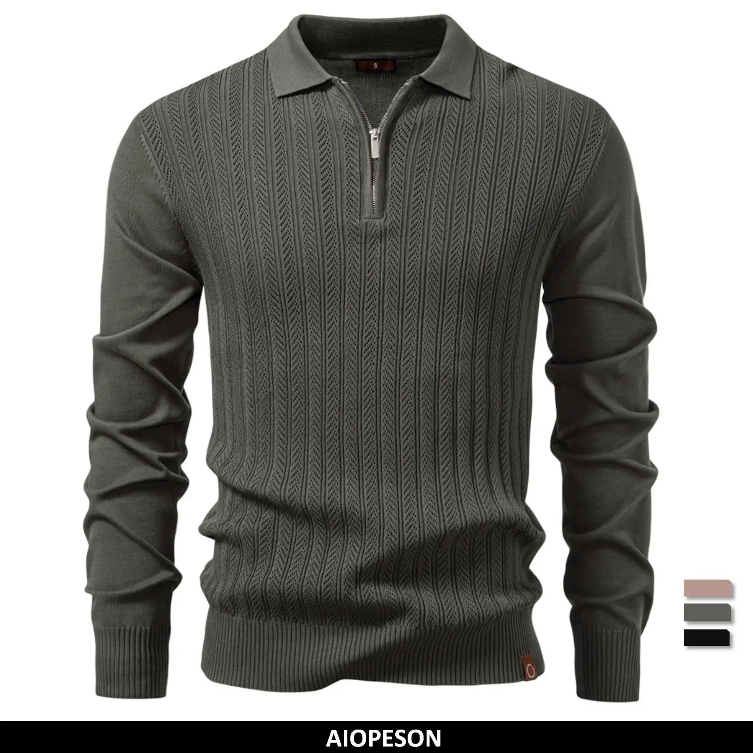 AIOPESON Premium Solid Color Polo Men Slim Fit Zip Long Sleeve Luxury Textured Fabric Business Casual Mens Sweatshirt
