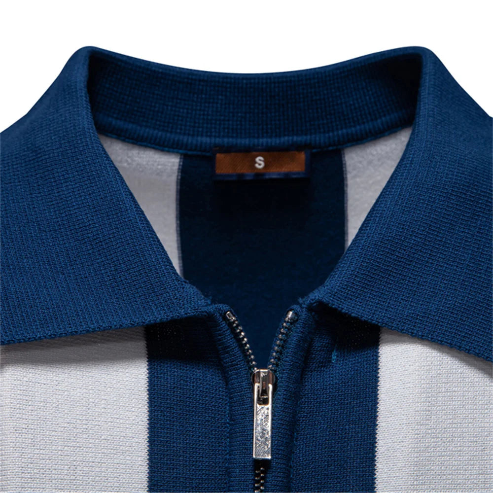 AIOPESON 2025 New Summer Men's Breathable Striped Contrast Panel Polo Shirt - Casual Short Sleeve Knit Shirt with Comfort Fit