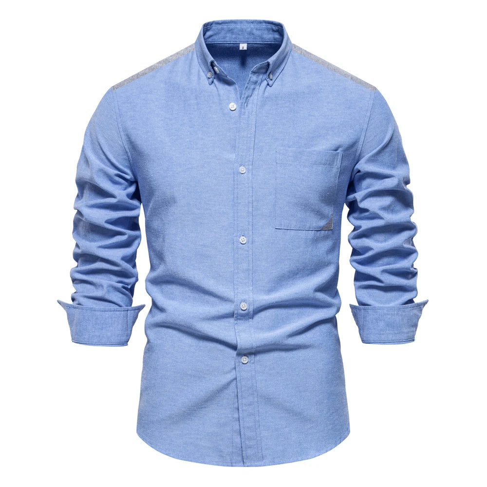 2024 New Spring Patchwork Oxford Shirt for Men Casual Wear Cotton Blend Pocket Mens Shirts
