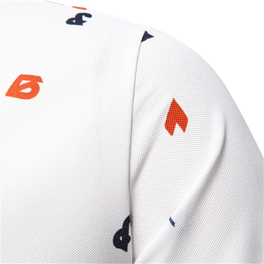 ‌Aiopeson 2025 Summer New Men's Solid Color Polo Shirt with Printed Turn-Down Collar Casual Slim Fit Breathable Comfortable Top‌