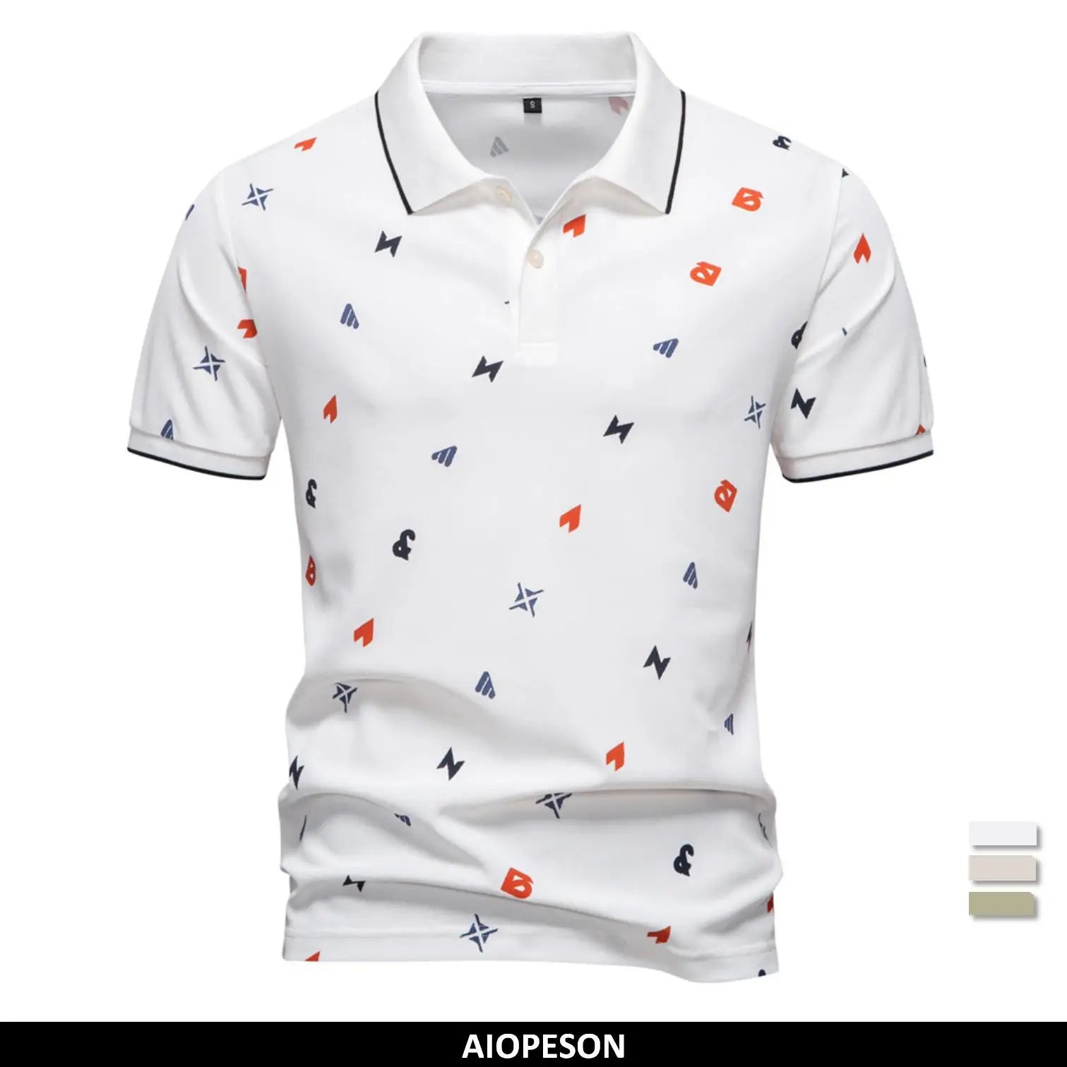 ‌Aiopeson 2025 Summer New Men's Solid Color Polo Shirt with Printed Turn-Down Collar Casual Slim Fit Breathable Comfortable Top‌