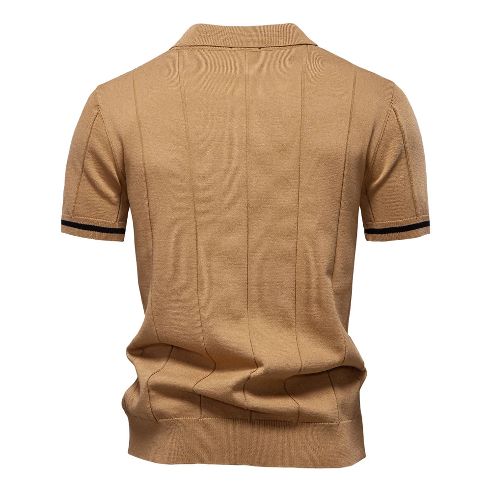 2025 Summer Men's Knit Cotton Polo Shirt - Breathable & Stretch Turn-Down Collar Design for Business  Golf and Social Events