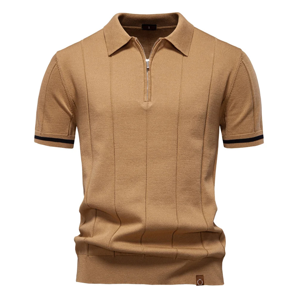 2025 Summer Men's Knit Cotton Polo Shirt - Breathable & Stretch Turn-Down Collar Design for Business  Golf and Social Events